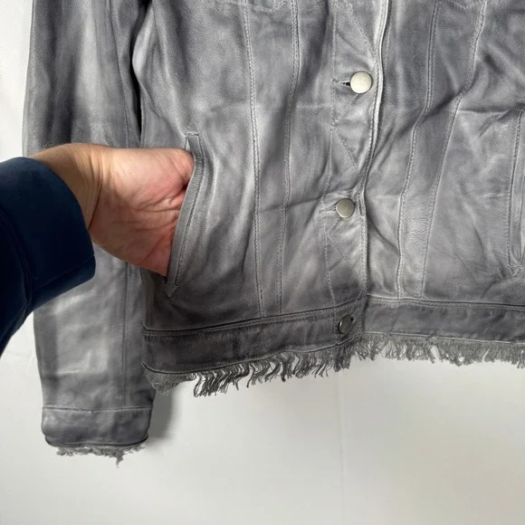 JKT NYC Womens Grey Genuine Leather Fringed Jacket Size XS 'Alexa‎ Patina' Moto